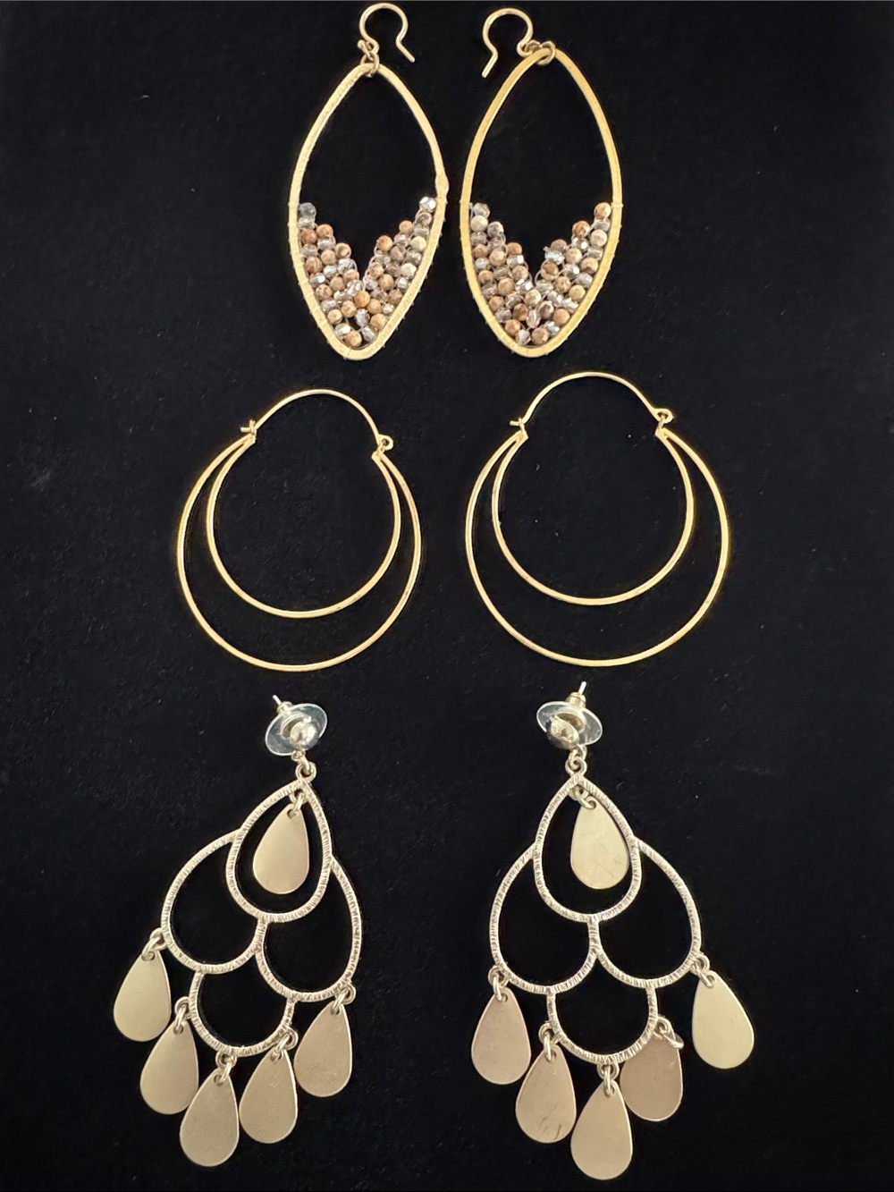Bundle of 3 Gold Tone Hoops and Chandelier Earrings